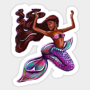 mermaid with flowing red braids,   Afro hair and caramel brown skin. Black mermaid Sticker